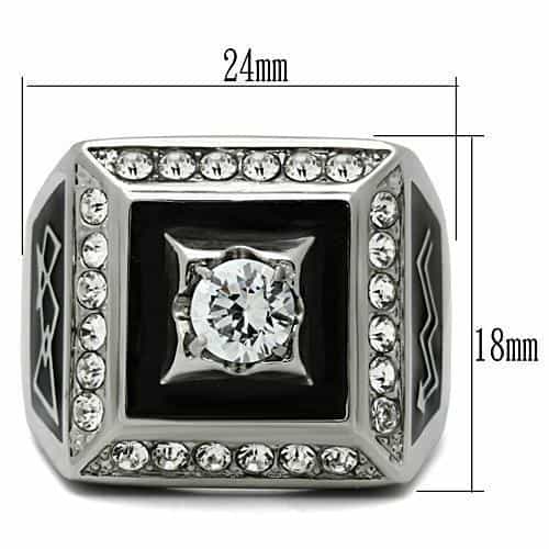 Stainless Steel Silver CZ Round Black Enamel Lightning Ring view 2