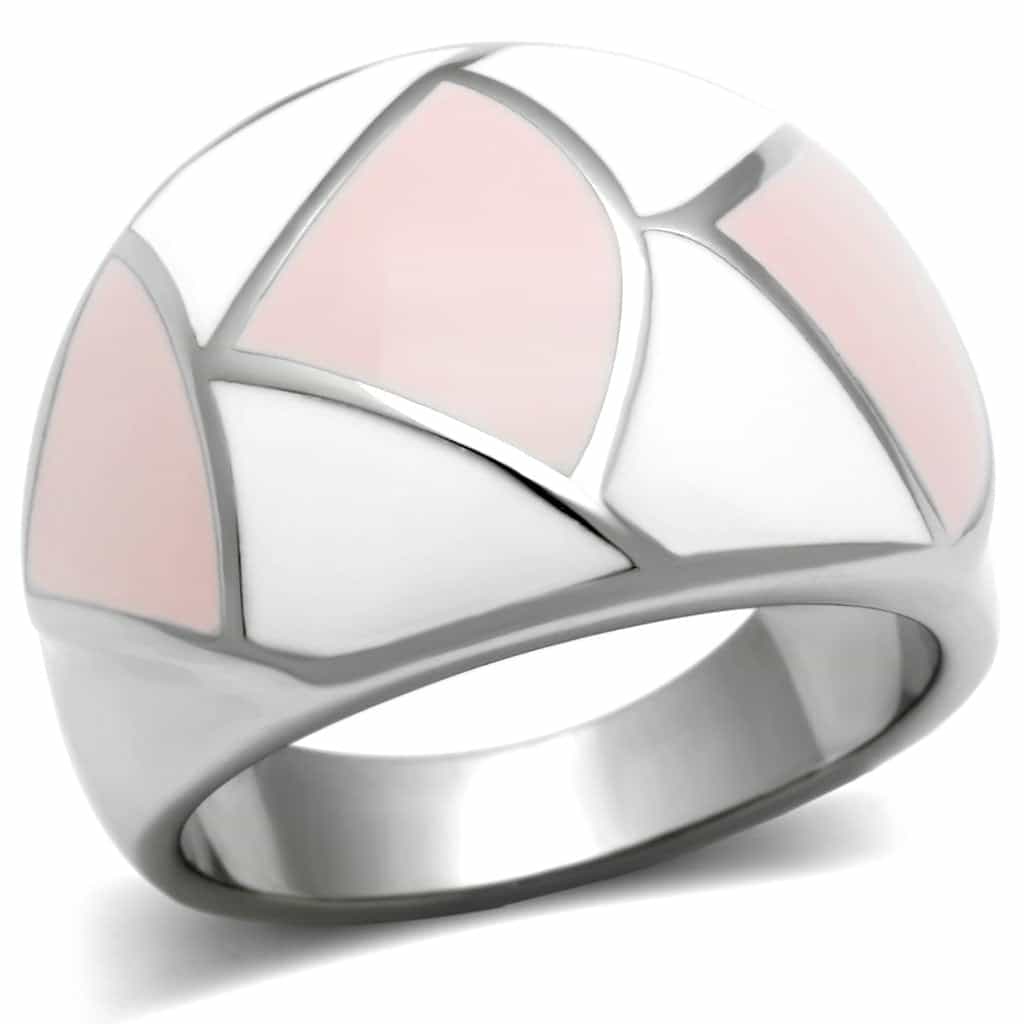 Stainless Steel Silver Pink White Enamel Geometric Dome Ring view 5