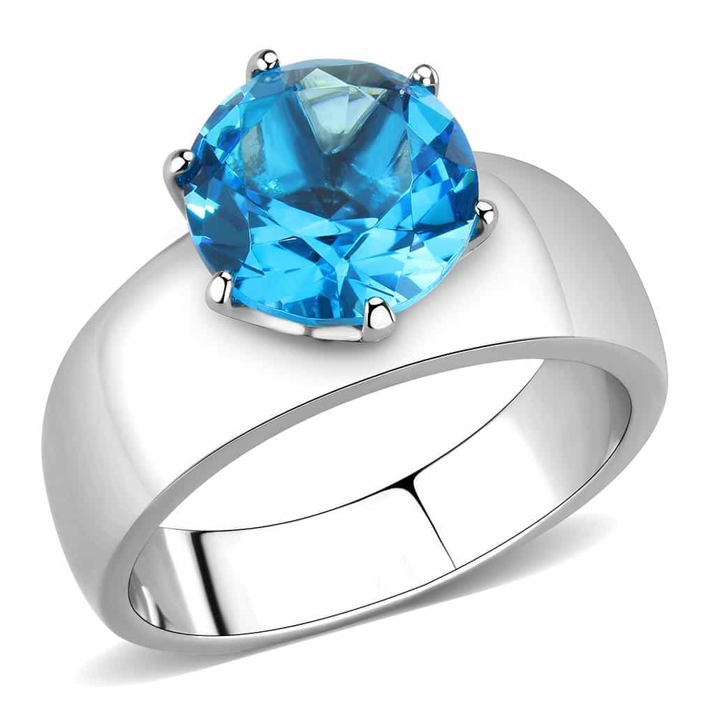 Stainless Steel Silver CZ Round Aqua Solitaire Wide Band Ring view 1