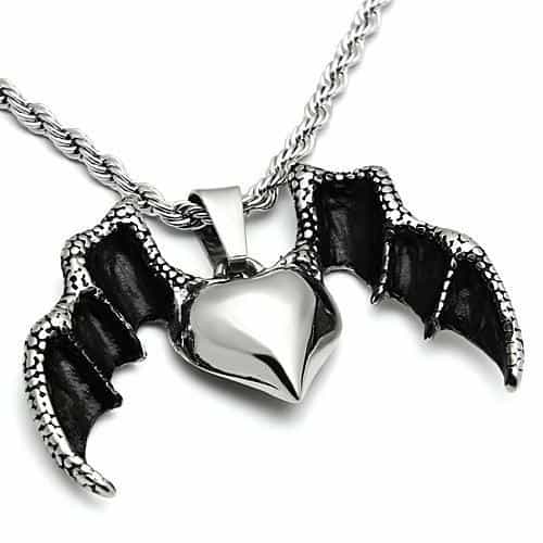 Stainless Steel Silver Gothic Bat Wing Heart Pendant view 3