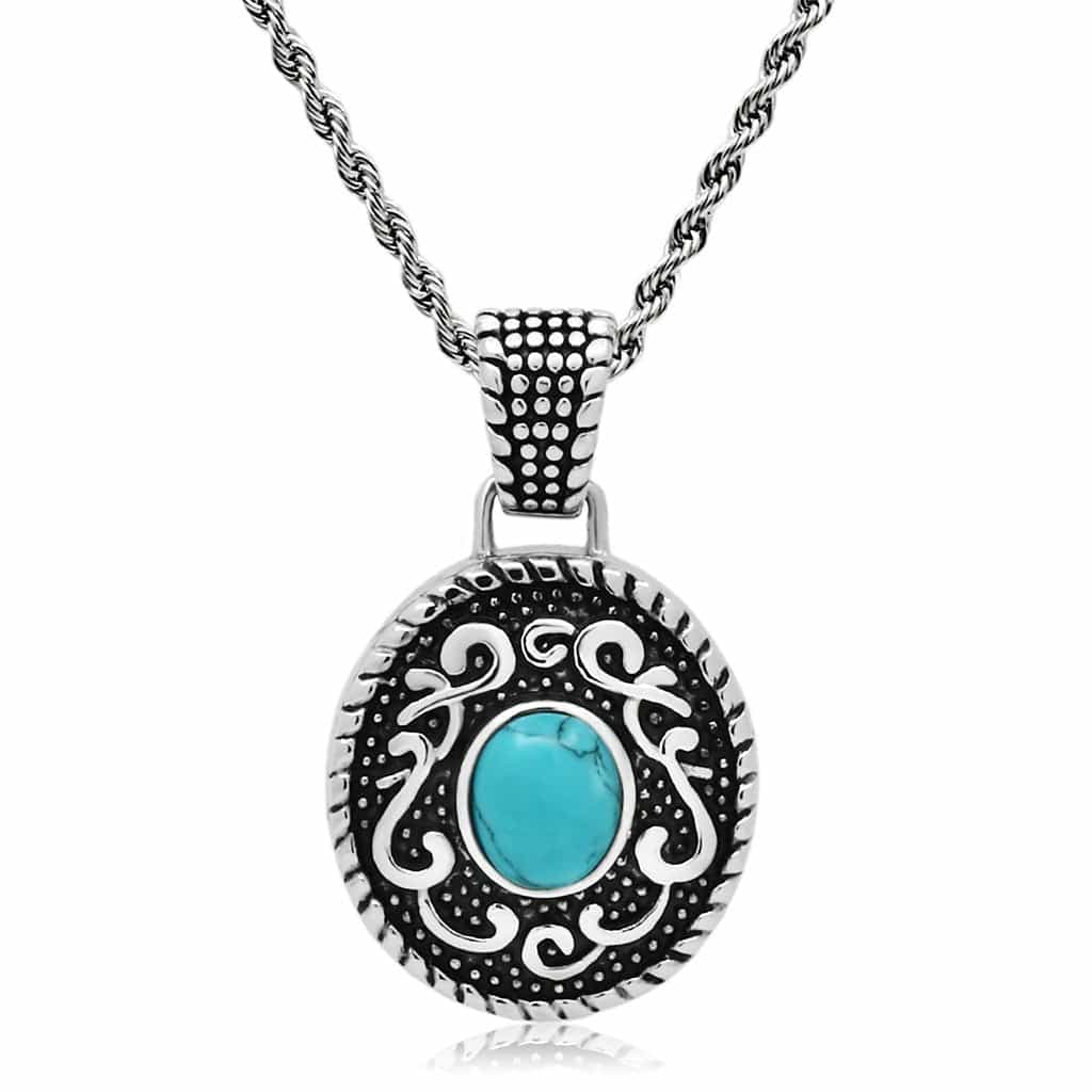 Stainless Steel Silver Turquoise Cabochon Scroll Round Necklace view 1