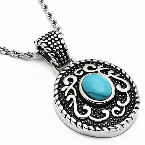 Stainless Steel Silver Turquoise Cabochon Scroll Round Necklace view 3