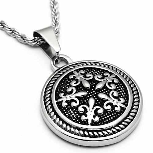 Stainless Steel Silver Compass Fleur De Lis Medallion Pendant view 3