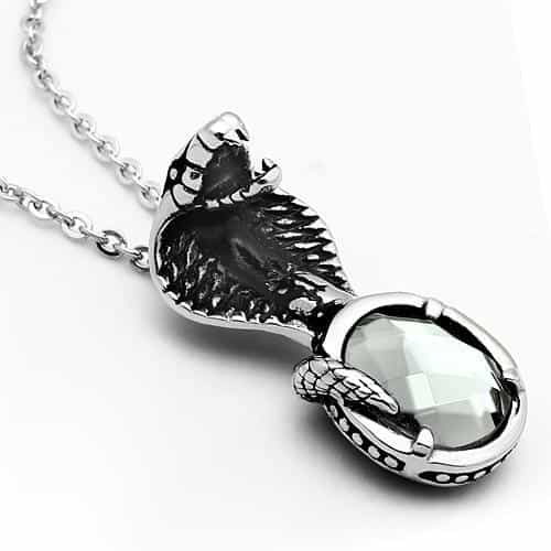 Stainless Steel Silver Eagle Head CZ Round Pendant Necklace view 3