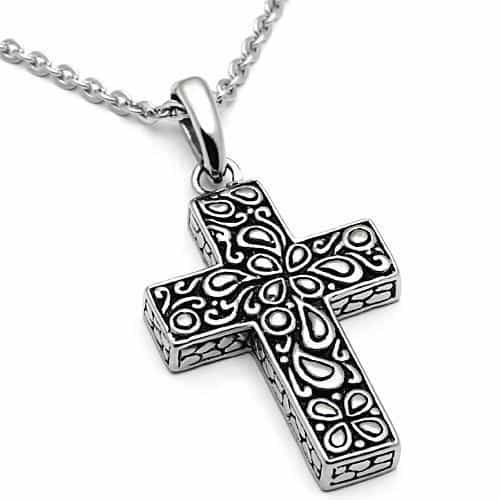 Stainless Steel Silver Paisley Scroll Carved Cross Necklace view 3