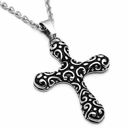 Stainless Steel Silver Scroll Swirl Trefoil Cross Necklace view 3