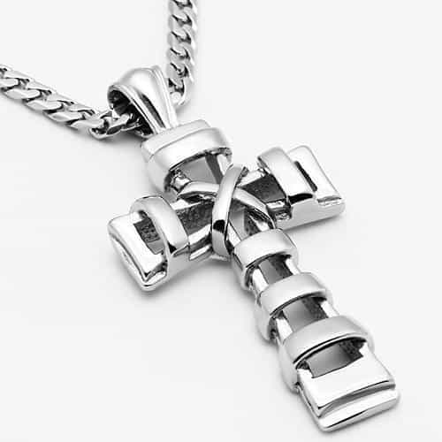 Stainless Steel Silver Ribbed Segmented Geometric Cross Necklace view 3
