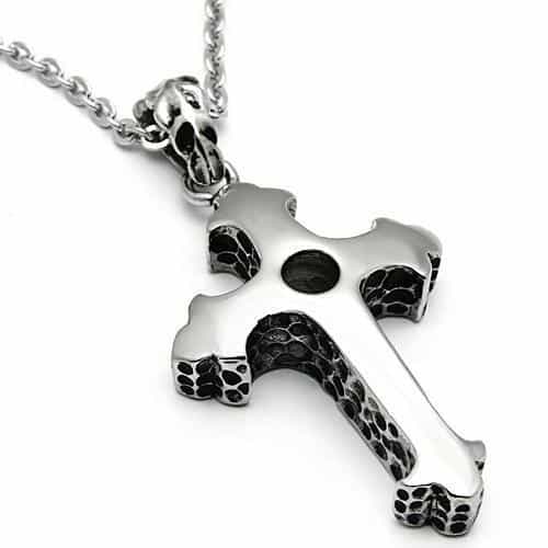 Stainless Steel Silver Hammered Texture Trefoil Cross Necklace view 3