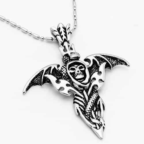 Stainless Steel Silver Skull Bat Wing Sword Gothic Necklace view 3