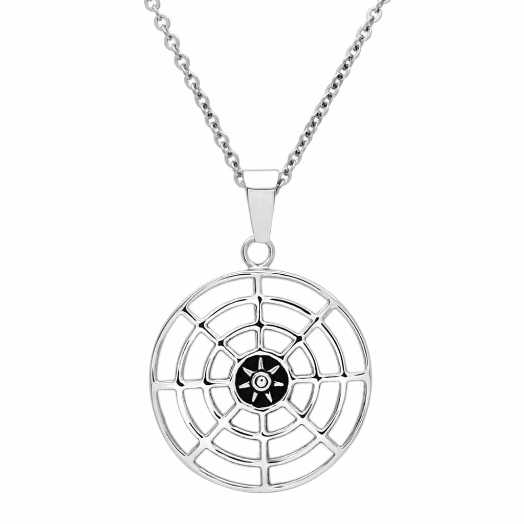 Stainless Steel Silver Spider Web Circle Pendant Necklace view 1