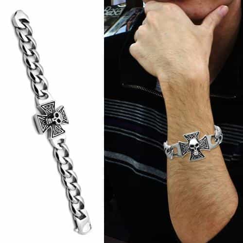 Stainless Steel Silver Skull Iron Cross Curb Chain Biker Bracelet view 2
