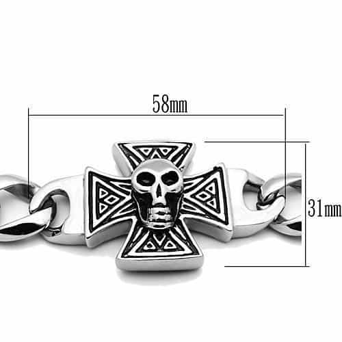Stainless Steel Silver Skull Iron Cross Curb Chain Biker Bracelet view 3