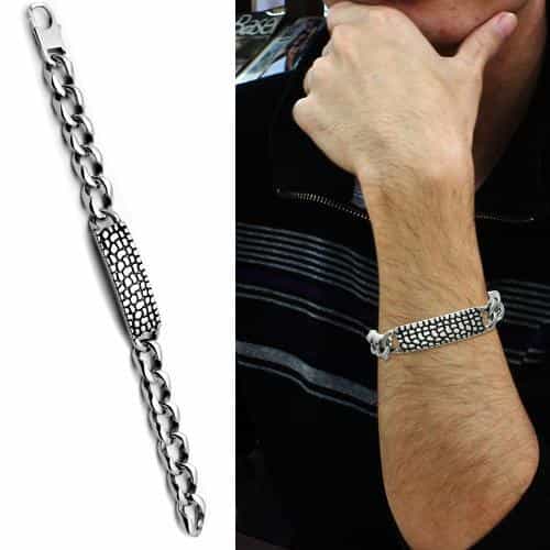 Stainless Steel Silver Dragon Scale ID Plate Curb Chain Bracelet view 2
