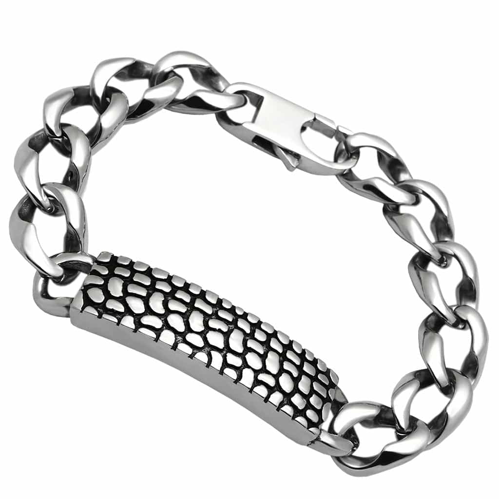 Stainless Steel Silver Dragon Scale ID Plate Curb Chain Bracelet view 1
