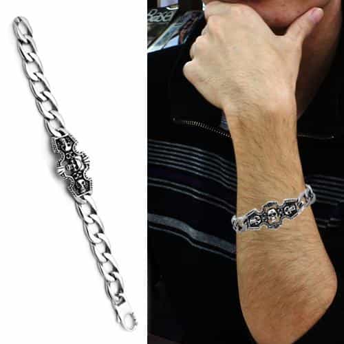 Stainless Steel Silver Skull Scroll Figaro Chain Biker Bracelet view 2