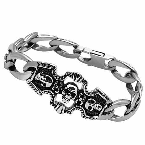 Stainless Steel Silver Skull Scroll Figaro Chain Biker Bracelet view 1