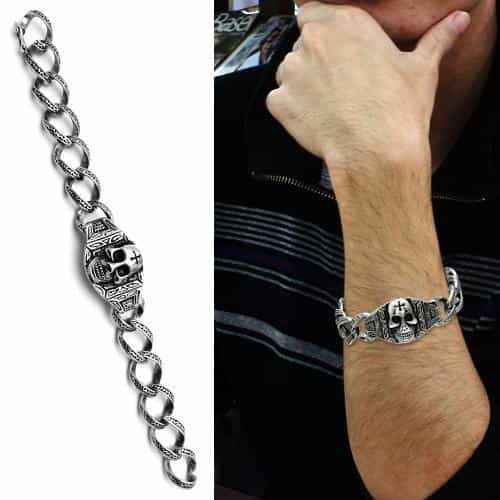 Stainless Steel Silver Winged Skull Curb Chain Biker Bracelet view 2