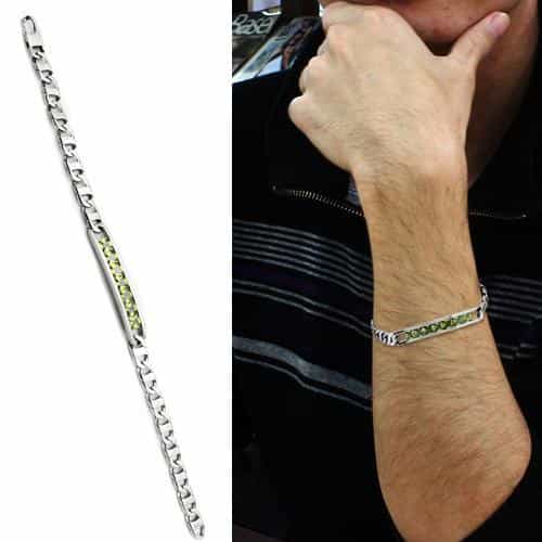 Stainless Steel Silver Green CZ ID Plate Figaro Chain Bracelet view 2