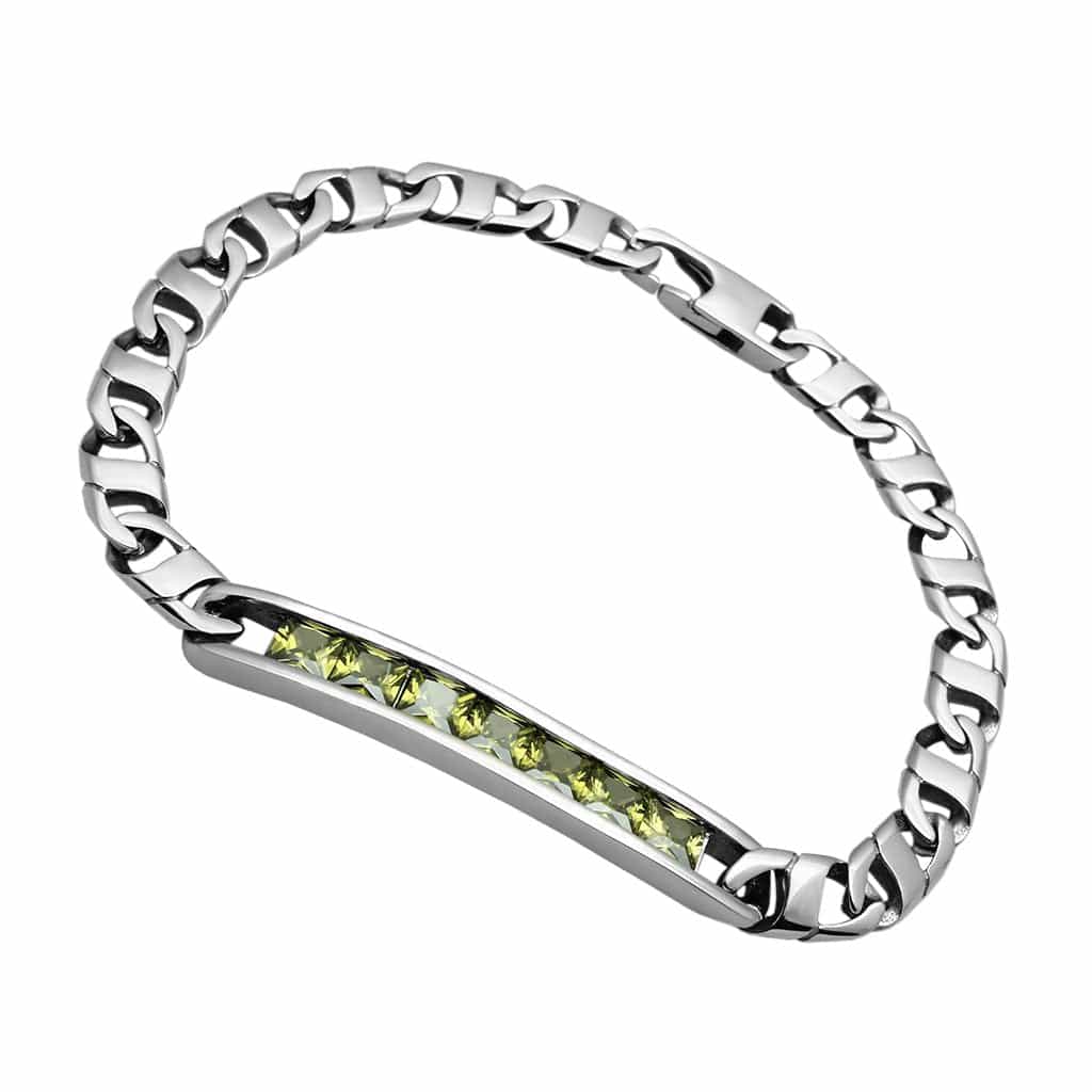 Stainless Steel Silver Green CZ ID Plate Figaro Chain Bracelet view 1