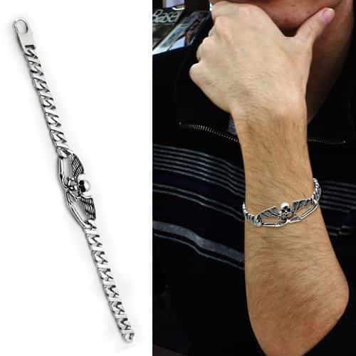 Stainless Steel Silver Winged Eagle Skull Curb Chain Bracelet view 2