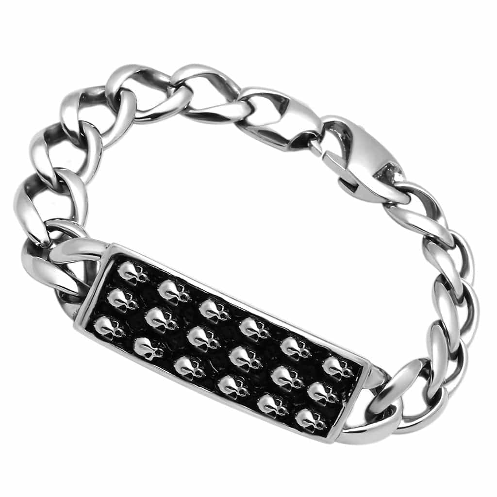 Stainless Steel Silver Skull Pattern ID Plate Curb Chain Bracelet view 1