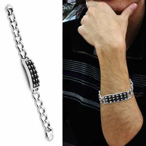 Stainless Steel Silver Skull Pattern ID Plate Curb Chain Bracelet view 2
