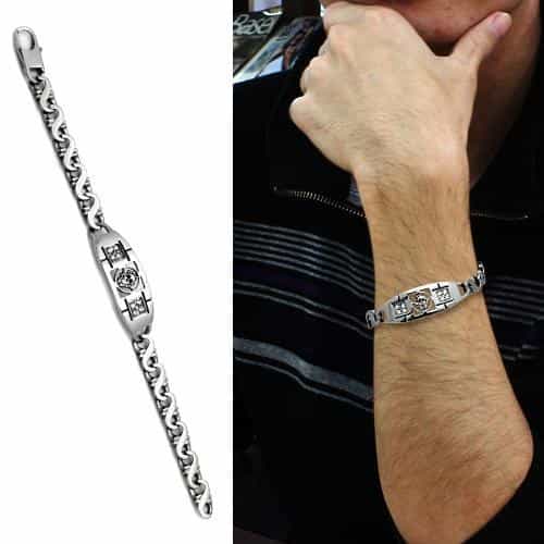 Stainless Steel Silver Skull CZ Gothic ID Plate Mariner Bracelet view 2