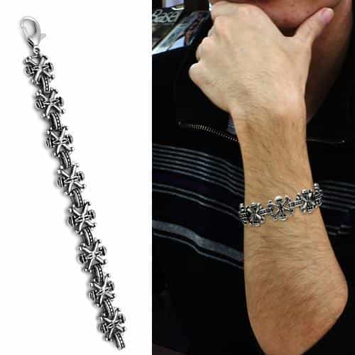 Stainless Steel Silver Ornate Cross Link Chain Bracelet view 2