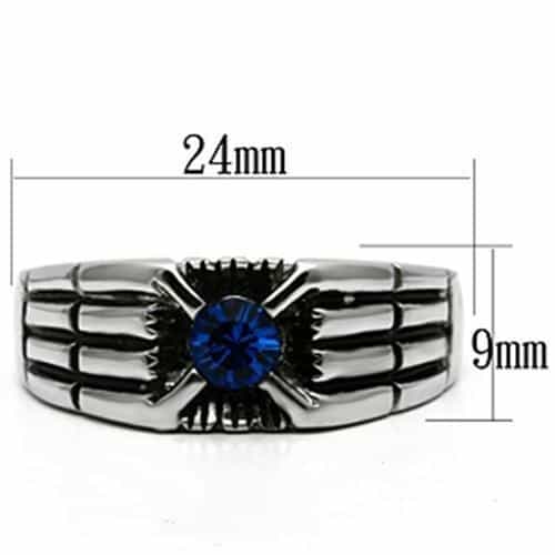 Stainless Steel Silver CZ Round Blue Art Deco Grooved Ring view 2