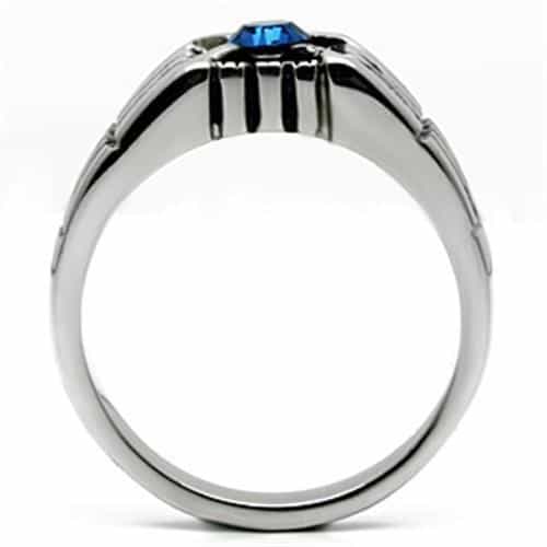 Stainless Steel Silver CZ Round Blue Art Deco Grooved Ring view 3