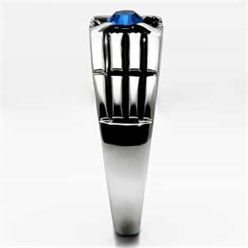 Stainless Steel Silver CZ Round Blue Art Deco Grooved Ring view 4