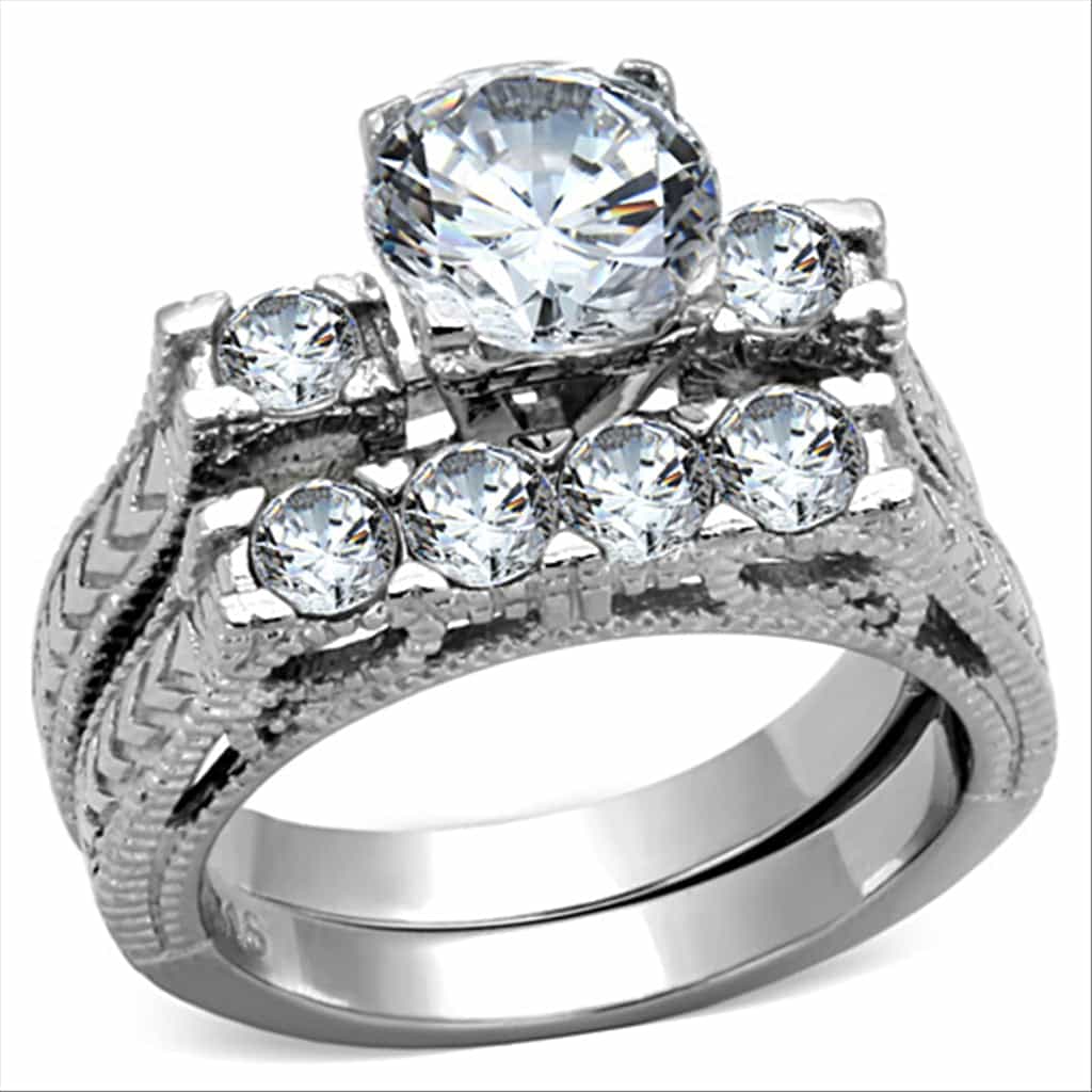 Stainless Steel Silver CZ Round Solitaire Three Ring Bridal Ring view 5