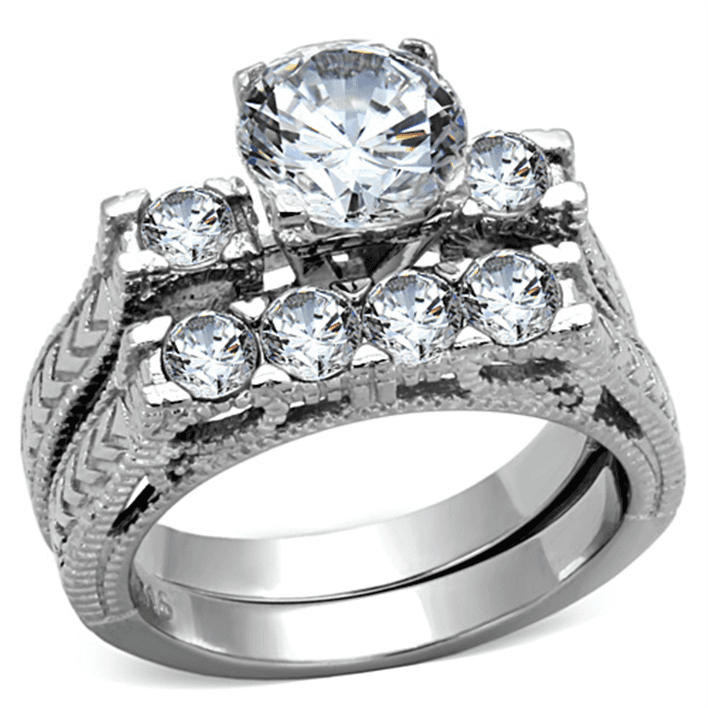 Stainless Steel Silver CZ Round Solitaire Three Ring Bridal Ring view 1