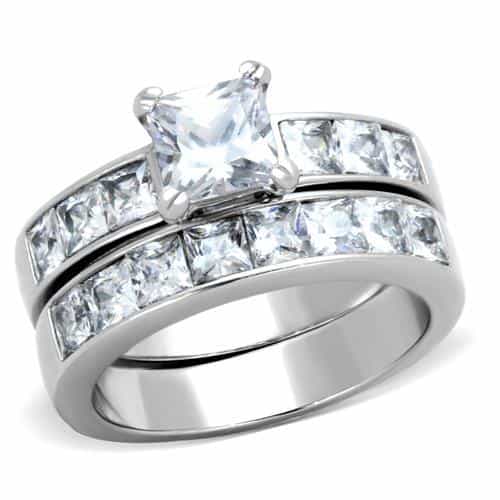Stainless Steel Silver CZ Princess Solitaire Channel Bridal Ring view 1