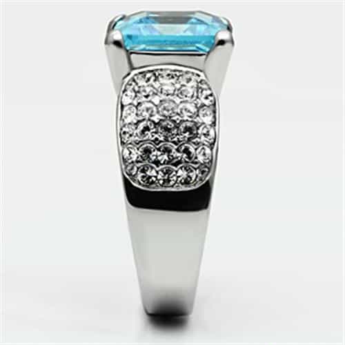 Stainless Steel Silver CZ Emerald Cut Aqua Pave Cocktail Ring view 4