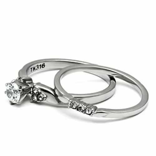 Stainless Steel Silver CZ Round Solitaire Prong Bridal Set Ring view 7
