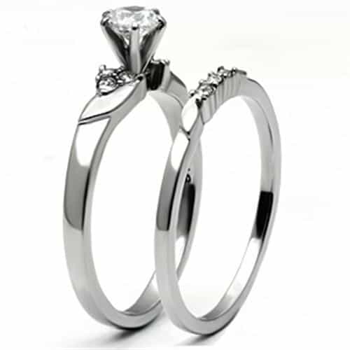 Stainless Steel Silver CZ Round Solitaire Prong Bridal Set Ring view 8