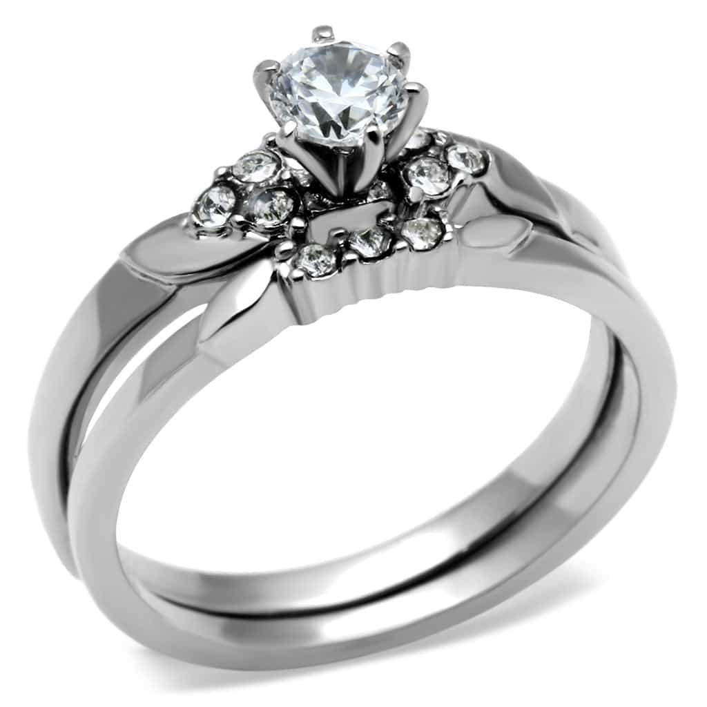 Stainless Steel Silver CZ Round Solitaire Prong Bridal Set Ring view 5