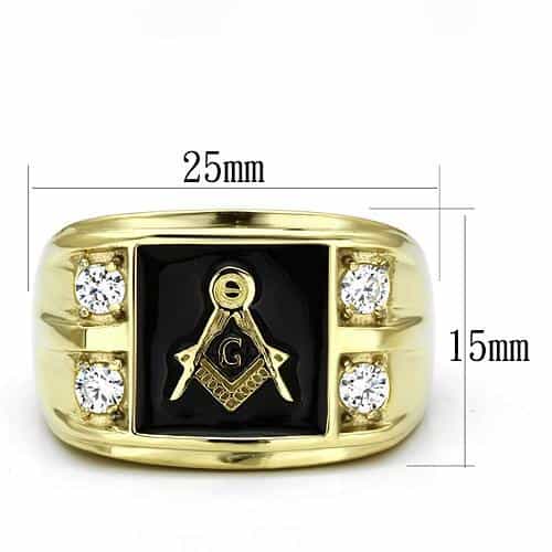 Stainless Steel Gold IP Masonic Square Compass CZ Mens Ring view 6