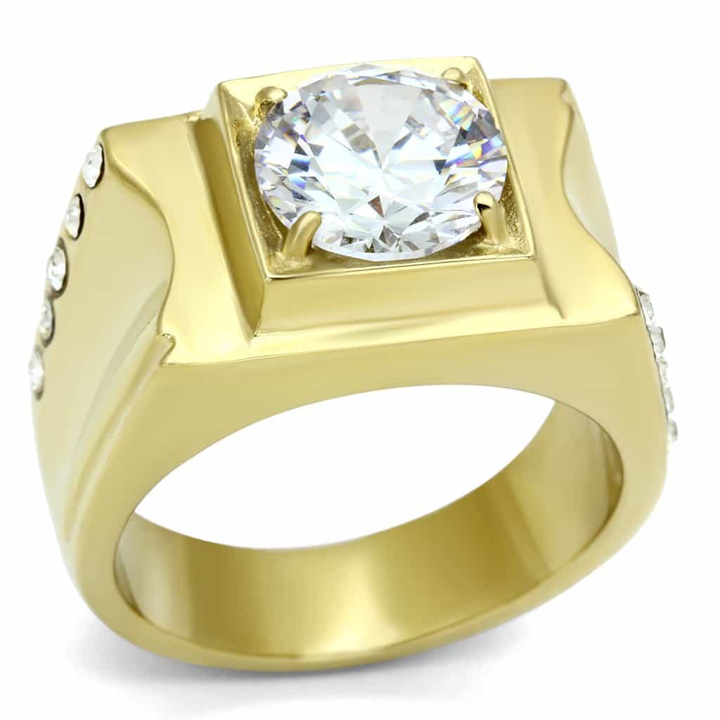 Stainless Steel Gold IP CZ Round Clear Large Square Mens Ring view 5