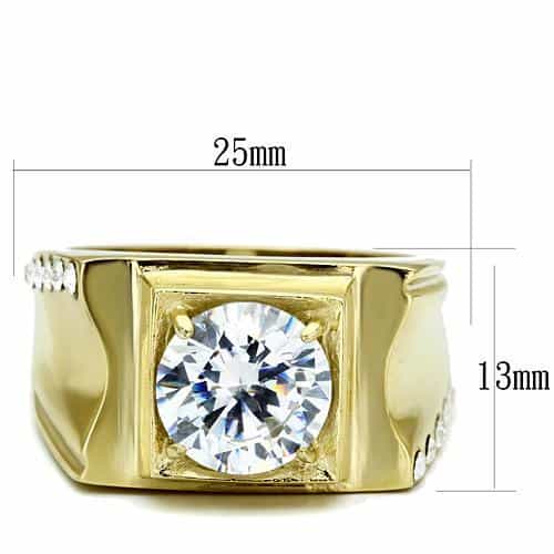 Stainless Steel Gold IP CZ Round Clear Large Square Mens Ring view 6