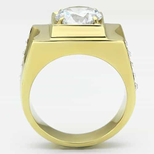 Stainless Steel Gold IP CZ Round Clear Large Square Mens Ring view 7