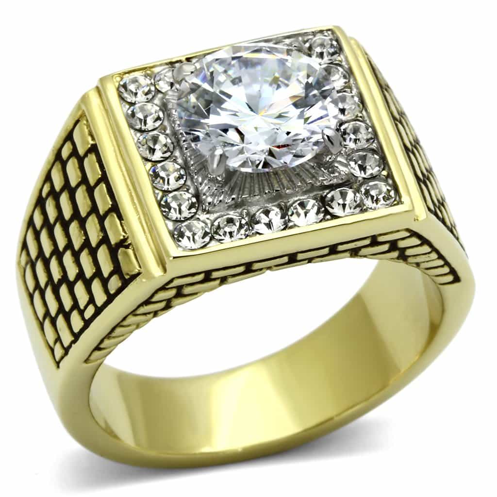 Stainless Steel Gold IP CZ Round Clear Large Halo Crosshatch Ring view 1