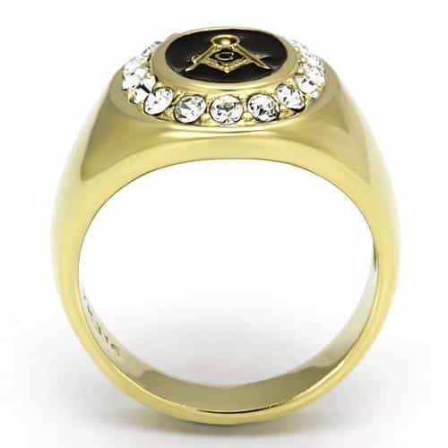 Stainless Steel Gold IP Masonic Round CZ Halo Mens Signet Ring view 7