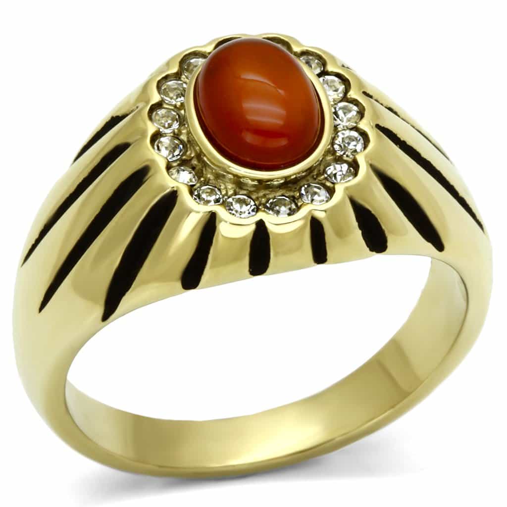 Stainless Steel Gold IP Carnelian Cabochon CZ Sunburst Ring view 1