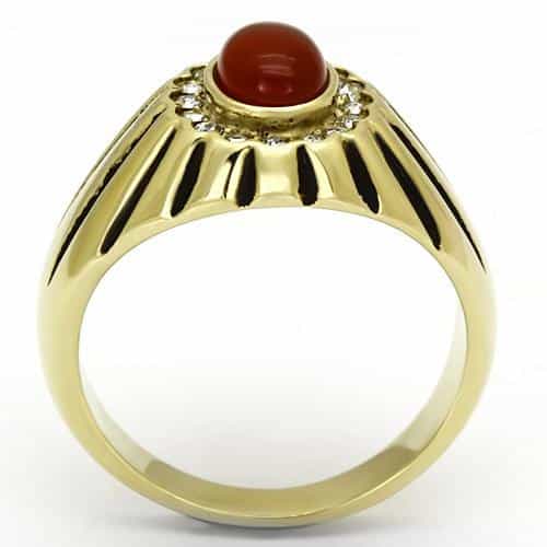 Stainless Steel Gold IP Carnelian Cabochon CZ Sunburst Ring view 3