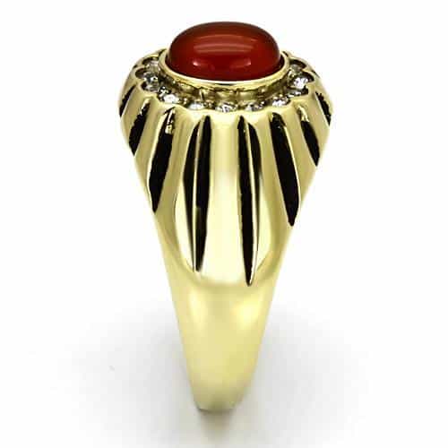 Stainless Steel Gold IP Carnelian Cabochon CZ Sunburst Ring view 4