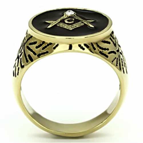 Stainless Steel Gold IP Masonic Black Enamel Round Nugget Ring view 7