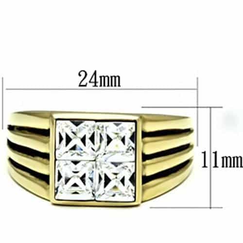 Stainless Steel Gold IP CZ Princess Clear Ribbed Square Mens Ring view 6