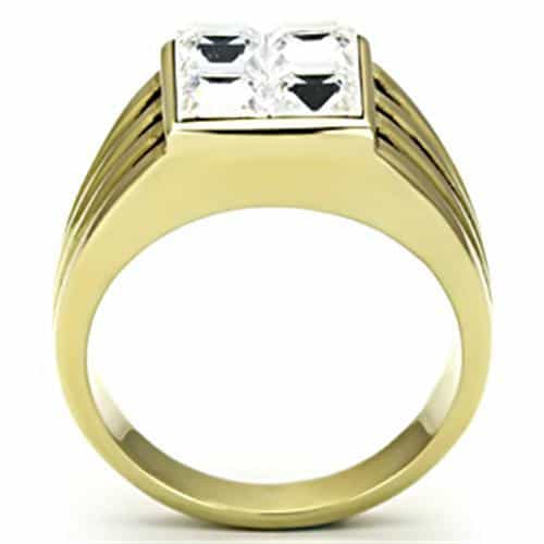 Stainless Steel Gold IP CZ Princess Clear Ribbed Square Mens Ring view 7